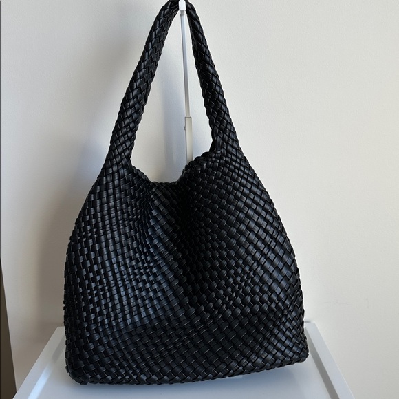Woven Vegan Leather Black Hobo Tote Shoulder Bag - Picture 6 of 14